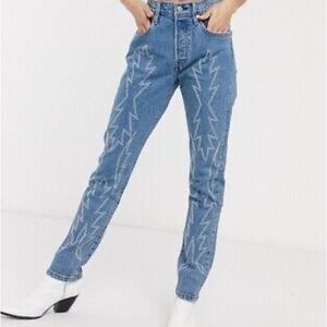 Levi's Premium 501 Stretch Skinny Embroidered Del Norte Flame Western Jeans 28